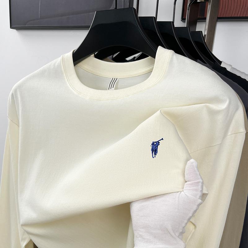 Frühlings- und Herbst-Baumwoll-Pony-besticktes Herren-T-Shirt Langarm Lässig Vielseitiges Unterhemd Herrenbekleidung M apricot