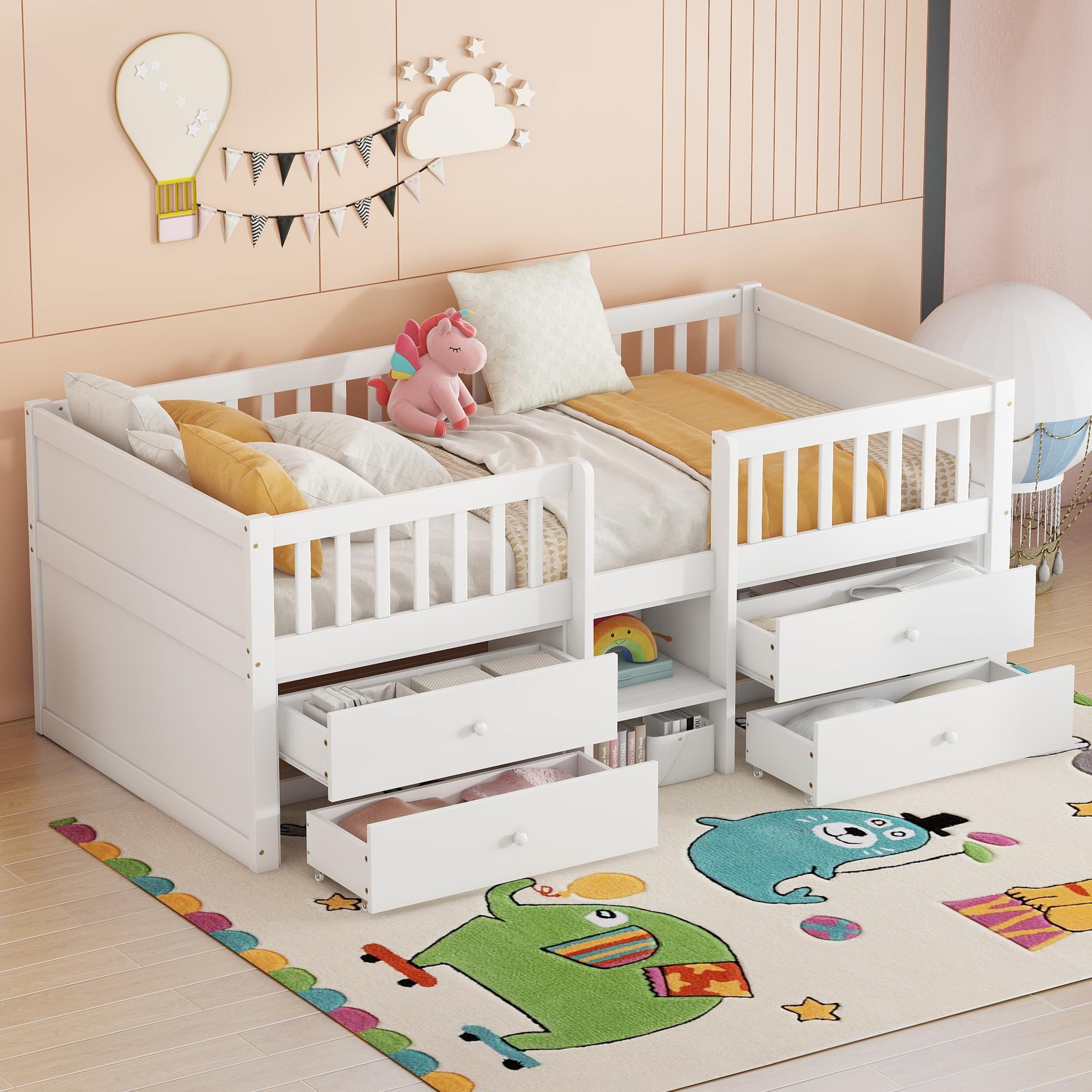 Kinderbett 90x200 cm mit Stauraum, Holzbett mit Lattenrost & 4 Schubladen, Jugendbett mit Leiter und Rausfallschutz - Kiefer massivholz, ohne Matratze 204x99.5x80.5 cm weiß