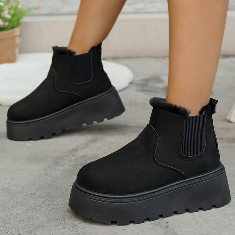 Mode Britischer Stil Einfarbig Plateau Schneestiefel Damen Winter Weich Kurzer Plüsch Warme Stiefeletten Frau Wildlederimitat Stiefeletten Weiblich 37 schwarz
