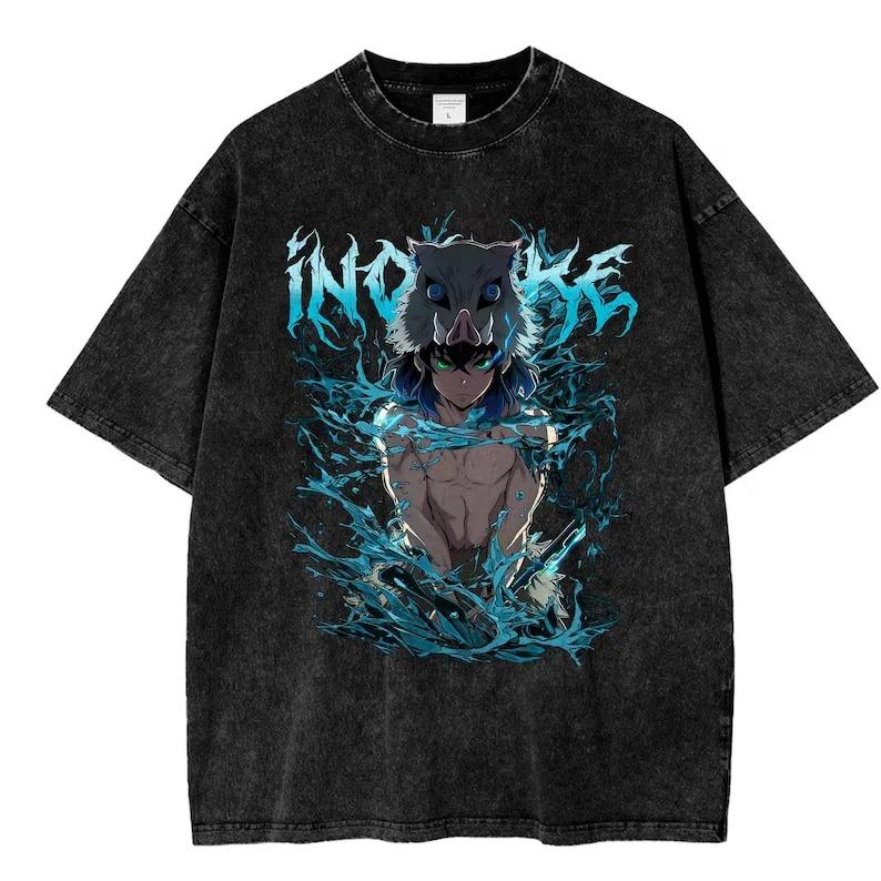 Hashibira Inosuke Print T-Shirt Dämonentöter Anime Übergroße Kleidung Herren Damen Baumwoll-T-Shirts Retro Gewaschenes Tee Harajuku Tees Damen Herren Kleidung XL gold