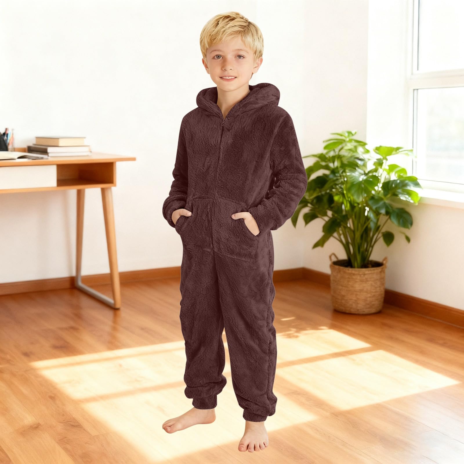 Kinder Jungen Und Mädchen Farbe Kapuze Langarm Reißverschluss Plüsch Warm Kinderkleidung Strampler 150 kaffeebraun