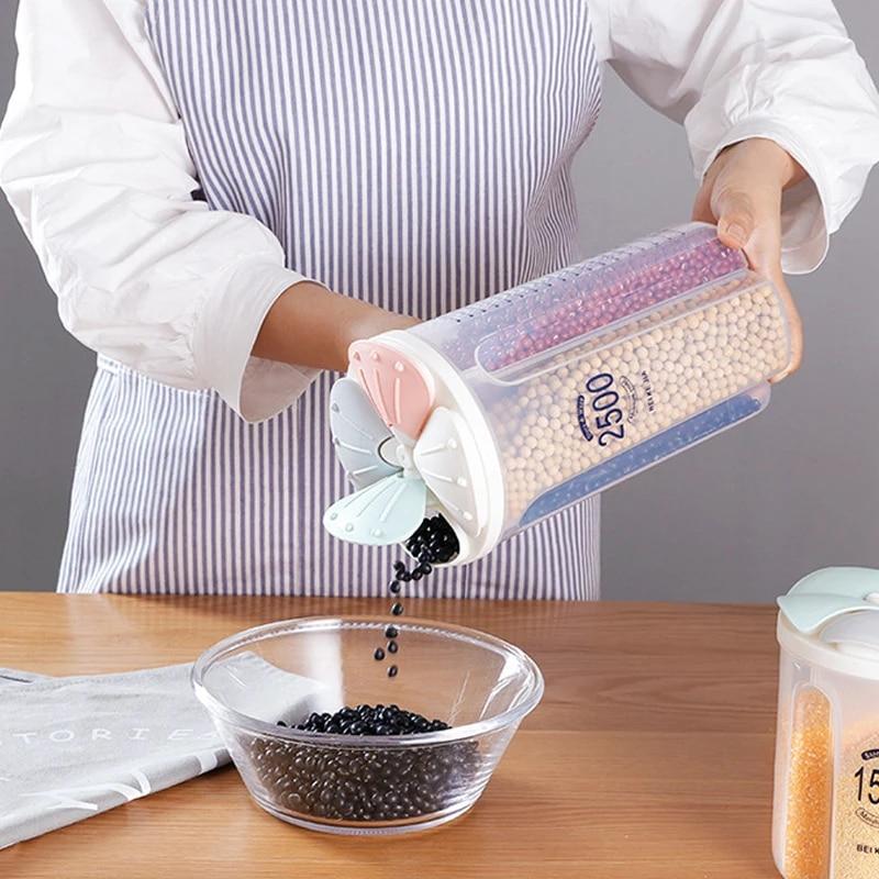 Versiegelte Aufbewahrungsbox für die Küche, Müslispender, Lebensmittelvorratstank, rotierende Becher für trockene Lebensmittel, Behälter, Mehl- und Getreidedosen-Organizer 4 grid-2000ml