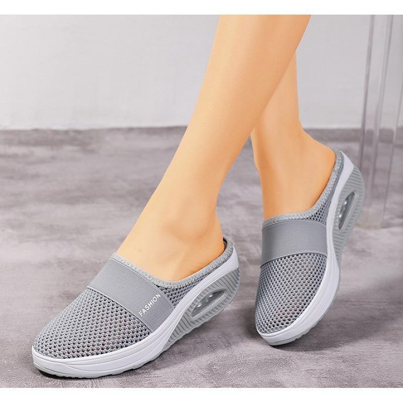 Damen Wanderschuhe mit Luftpolster, orthopädische Slipper, Diabetiker-Damen-Plateau-Pantoletten, Mesh, leichte Slipper, Keilabsatz, Damen-Sneaker 37 graue