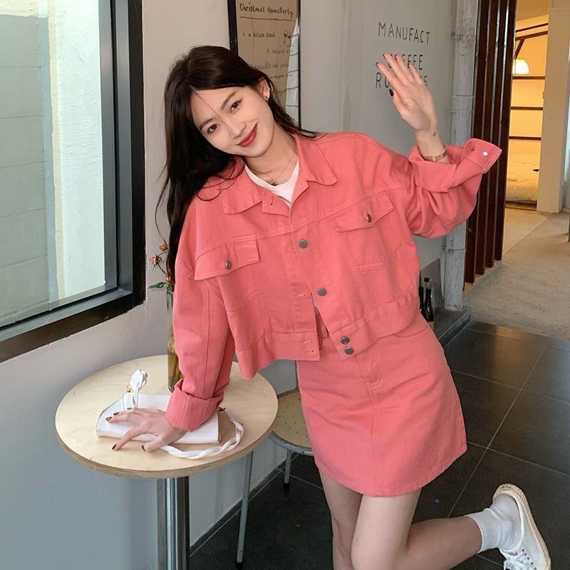 Damen Rock Anzug Frühling Casual Loose Denim Anzug Hohe Taille A Wort Halbkörper Rock Zweiteilig XL 57.5-65kg rosa