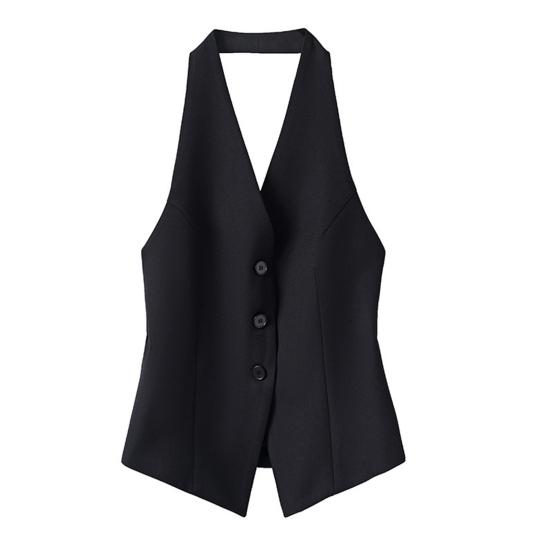 Damen Neckholder V-Ausschnitt Anzugweste Button-Down Rückenfrei Blazer Weste Ärmellos Crop Tank Top Vintage Elegante Weste 2XL schwarz