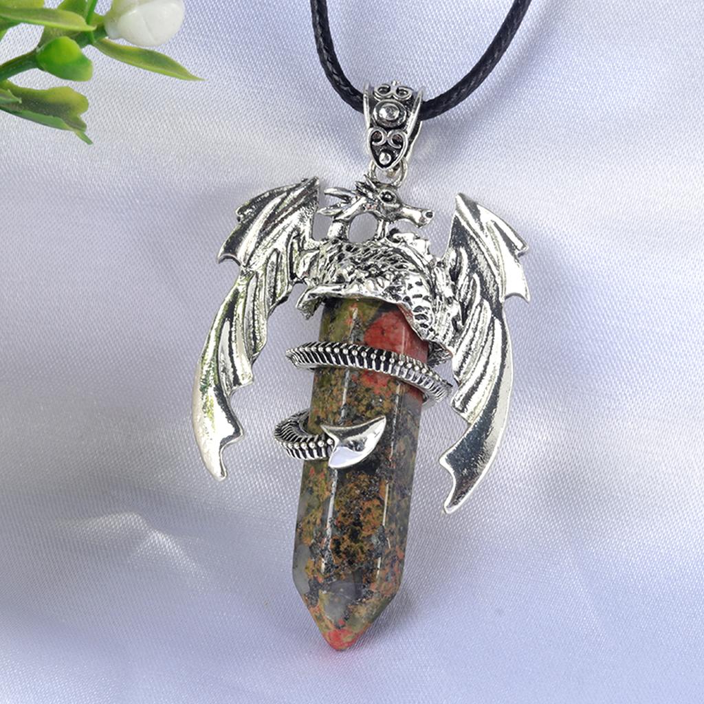 Drachen-Anhänger-Halskette für Männer und Frauen, coole Heilkristall-Amethyst-Halskette, natürliche Rosenquarz-Halskette, westlicher Drachen-Schmuck Unakite