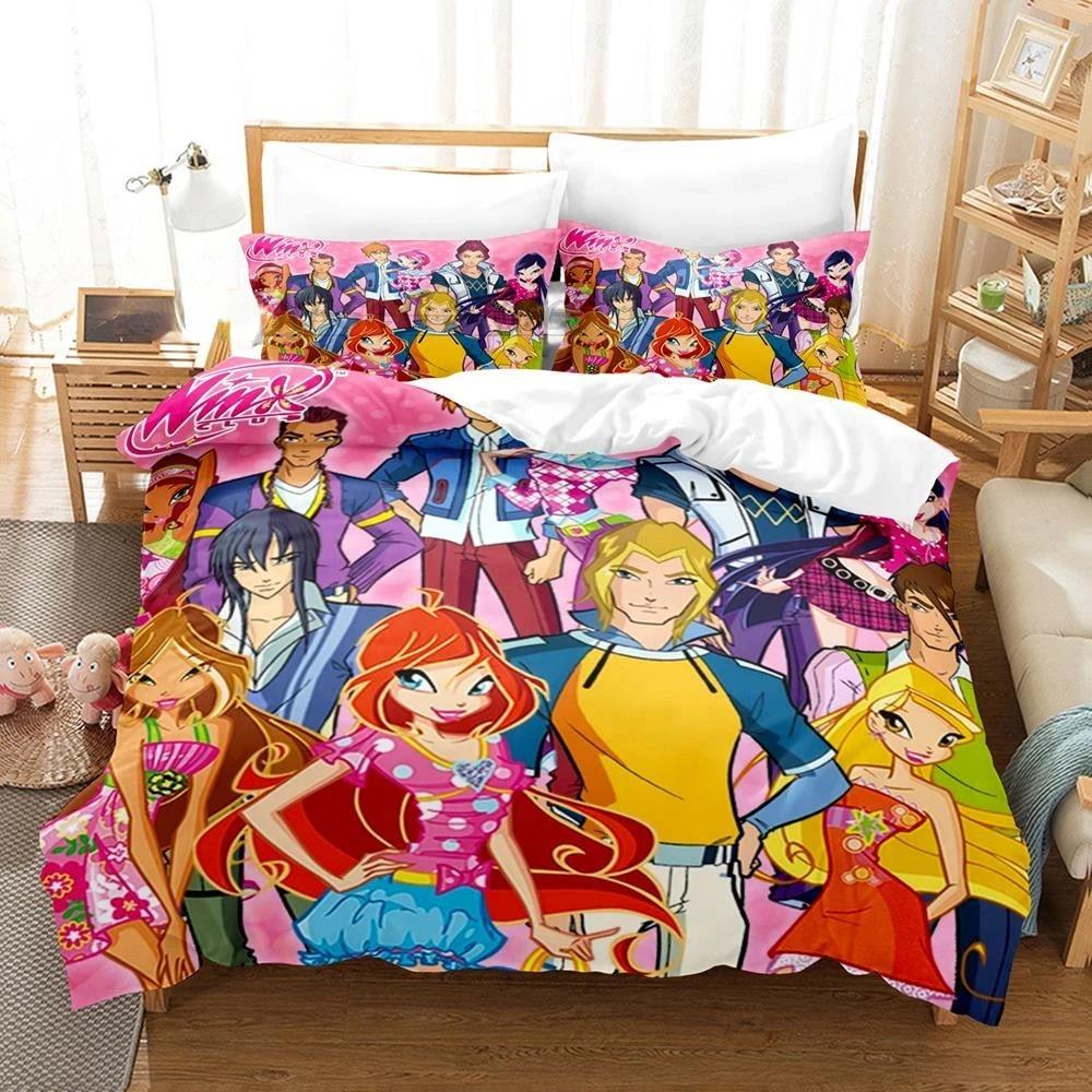 Winx Bettwäsche-Set, Einzelbett, Doppelbett, Queen-Size-Bett, King-Size-Bett, Bettbezug-Set für Erwachsene und Mädchen, Schlafzimmer, 3D-Druck, Anime, Kawaii EU Double 200x200cm