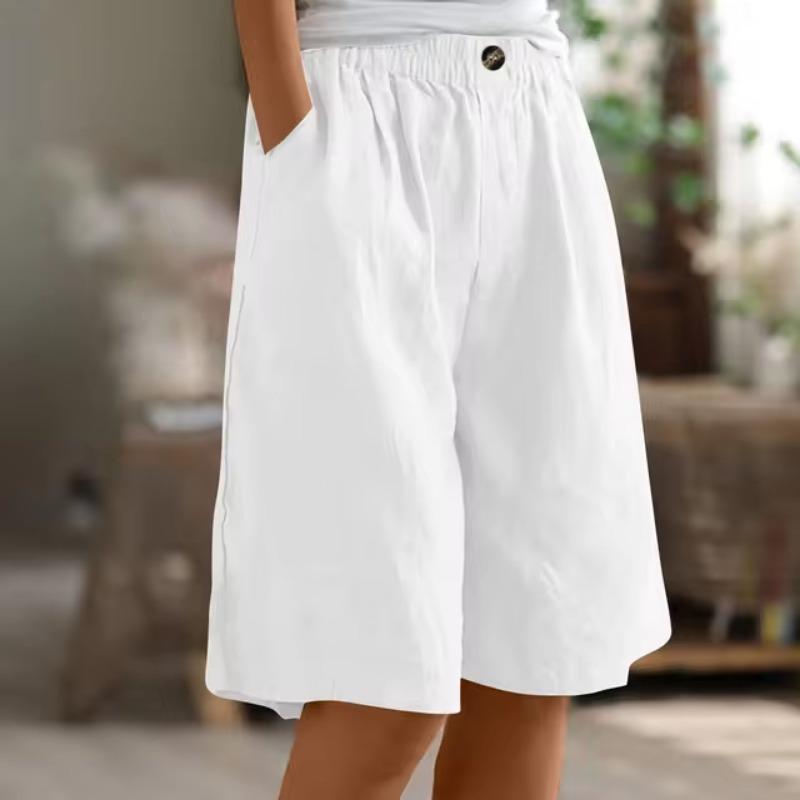 Damenmode Einfarbige Hosen Tasche Button Up Capris Lose Elastische Taille Baumwolle Leinen Shorts Hosen für Frauen Damenhosen XL weiß