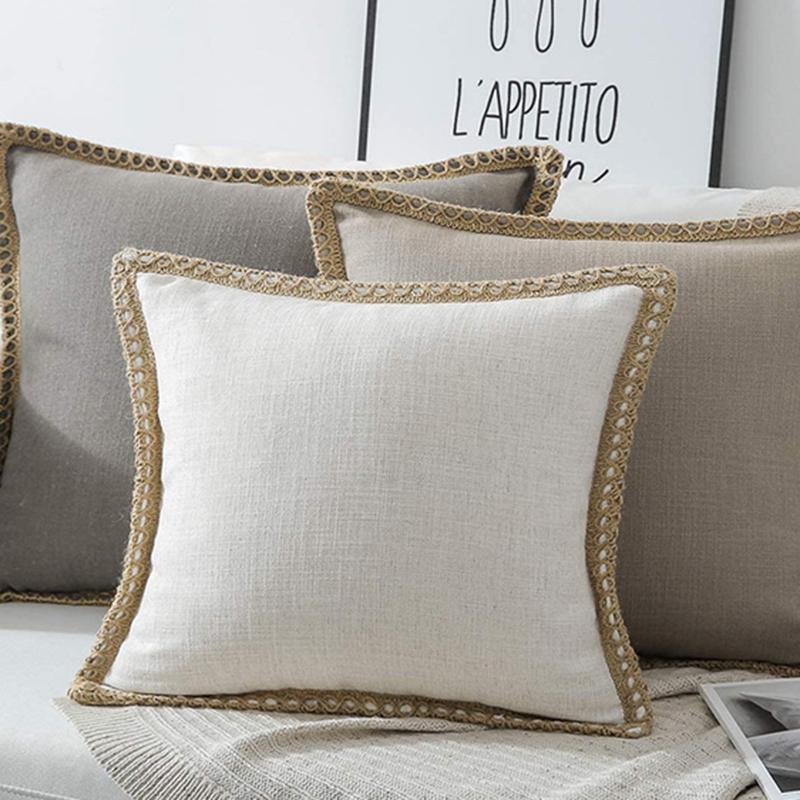 Premium Textil Hohe Qualität 4545cm Zuhause Einfarbige Leinenbesetzte Kissenhülle Hanfseil Umwickelte Mittlere Hanf-Kissenhülle Nicht Enthalten Zuhause gray