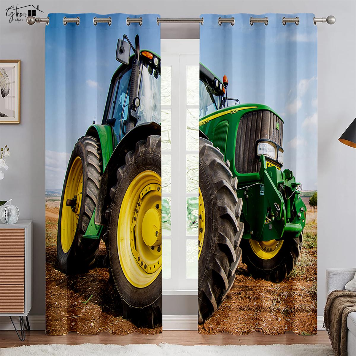 Traktor 3D-Druck Vorhänge Schlafzimmer Wohnzimmer Raum Küchenfenster Vorhänge 100 % Polyesterfaser Vorhänge Haushaltsdekoration W50xH160(CM)x2PCS&Rod pocket white