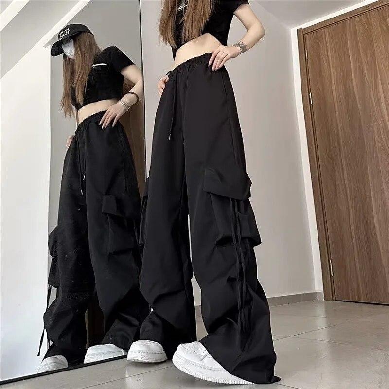 Frühling Sommer Neue Vintage Frauen Y2K Cargo Hosen Hohe Taille Street Hip Hop Hosen Weibliche Große Taschen Casual Niedrige Taille Kordelzug Baggy Jogginghose S schwarz