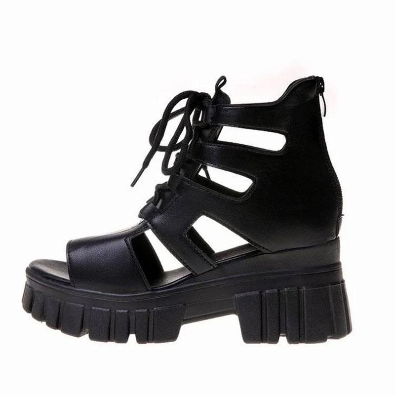 Damen Sommer Aushöhlen Atmungsaktive Römische Sandalen Damen Übergröße Allround High-Heel Plateau Schwarze Sandalen 35 schwarz