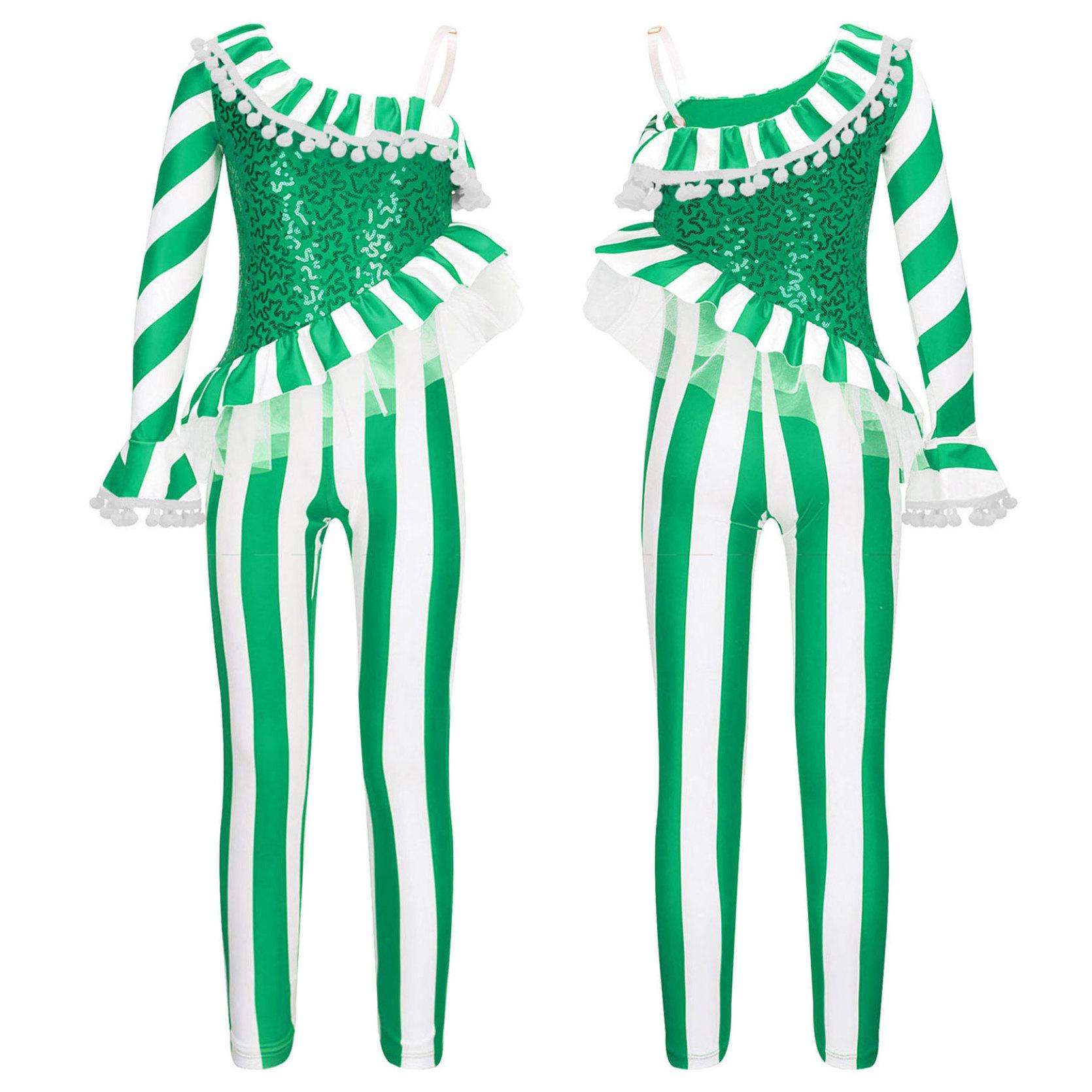 Kinder Mädchen Candy Cane Weihnachten Tanz Body Overall Unitard One Shoulder Weihnachten Urlaub Santa Sweetie Kostüm Dancewear 5-6 Years grün