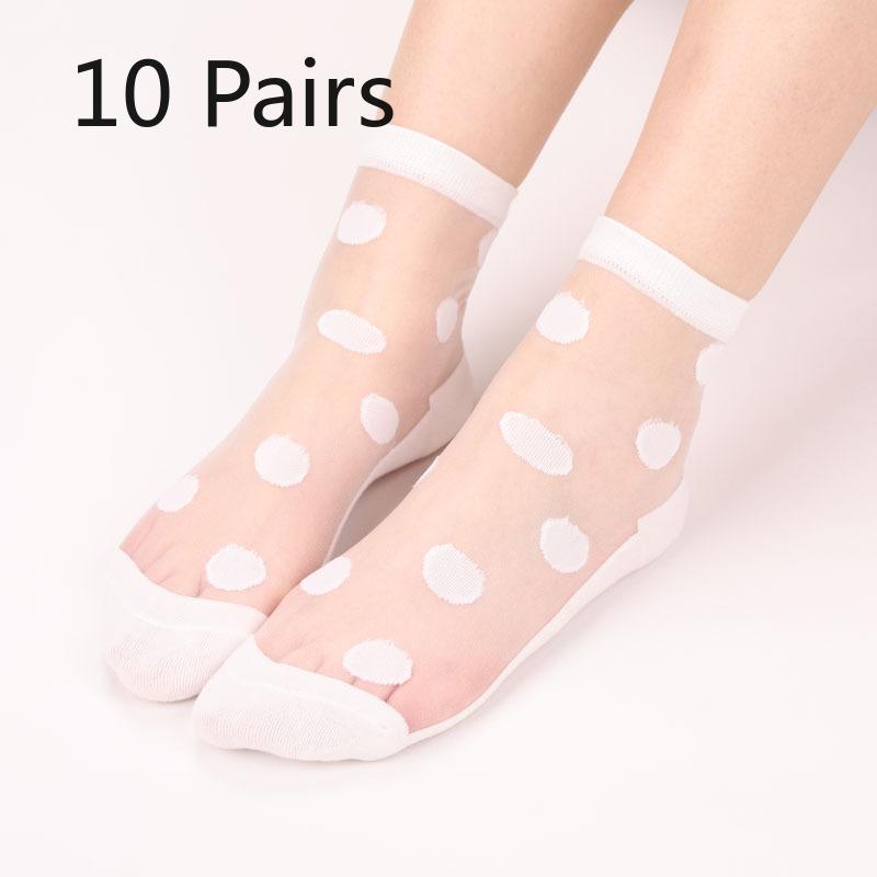 10 Paar Sommer Klare Kristall Seide Damen Socken Große Tupfen Blume Glasseide Damen Socken Kristallseide Damen Socken 10 Pairs weiß
