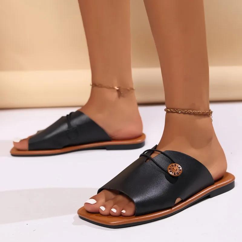 Schuhe Damen Zehenfrei Damen Hausschuhe Übergröße Lässige Hausschuhe Damen Eckige Zehen Knöpfe Flach mit Outdoor Damen Sandalen 41 schwarz