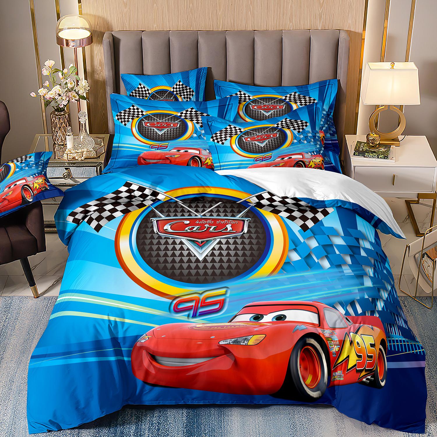 Autos Lightning McQueen Bettwäsche-Sets Teenager Jungen 3D-Druck Bettbezug und Kissenbezüge Kinder Tagesdecke Rote Autos Motive AU King(245*210cm)3pcs