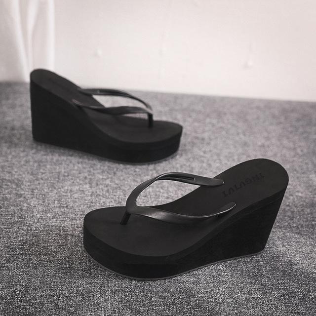 Sommer frauen Schuhe Strand Flip-flops Plattform Sandalen hochhackigen Sandalen Einfarbig Skateboard Hausschuhe Frauen Heels 39 schwarz
