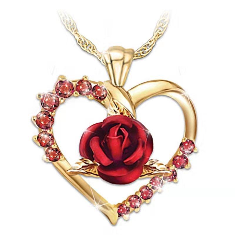 Vergoldete herzförmige Rubin-Rosen-Anhänger-Halskette, Liebes-Halskette, romantisches Luxus-Jubiläumsgeschenk rot