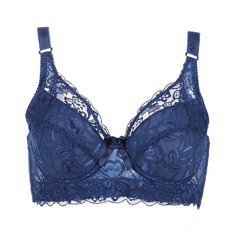 Plus Size 36-46 Damen Push-Up-Dessous, sexy einfarbiger Bügel-BH, floraler Spitzen-BH, dünn, bequem, atmungsaktiv, Damenunterwäsche 38/85C blau