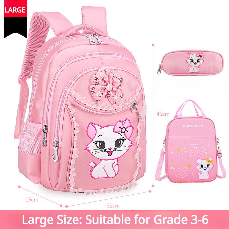 Kinder-Rucksack der Klassen 1, 3, 4, 6, süße Katze, Cartoon-Prinzessin, Spitze, Schulranzen, Grundschule, Mädchen, 3-teiliges Set, Rucksack für 7 bis 12 Jahre Large Size rosa