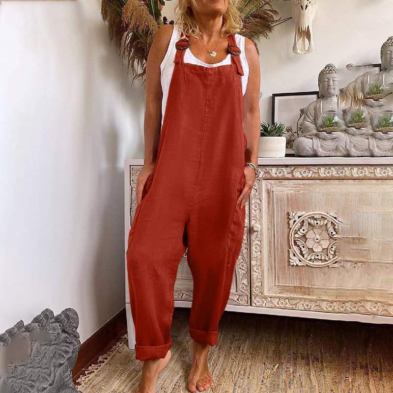 Damen-Overalls mit weitem Bein, verstellbarer Knopfleiste, Baumwollleinen, Arbeitskleidung mit Taschen XL rot