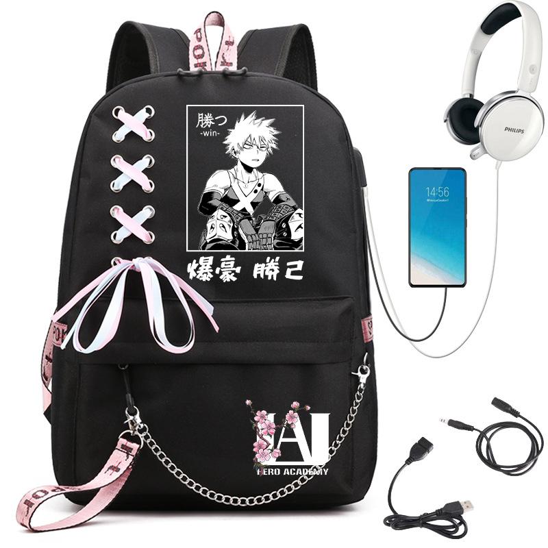 My Hero Academia Anime Damen Rucksack USB-Anschluss Damen Reise Rucksack Umhängetasche Katsuki Bakugo Anime Trend Laptop Rucksack