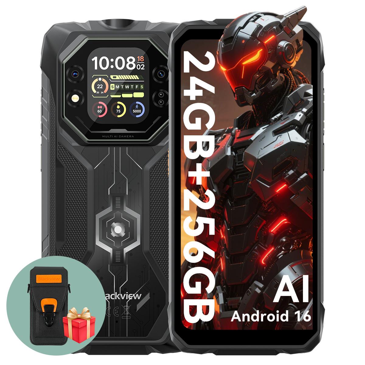 Blackview ROCK 1 Robustes Dual-Screen 6.56'+2.01' Ai Smartphone 15000mAh Akku, 24GB RAM 256GB ROM, Helio G81, 180Hz, IP69K/IP68 Wasserdicht with a phone case schwarz