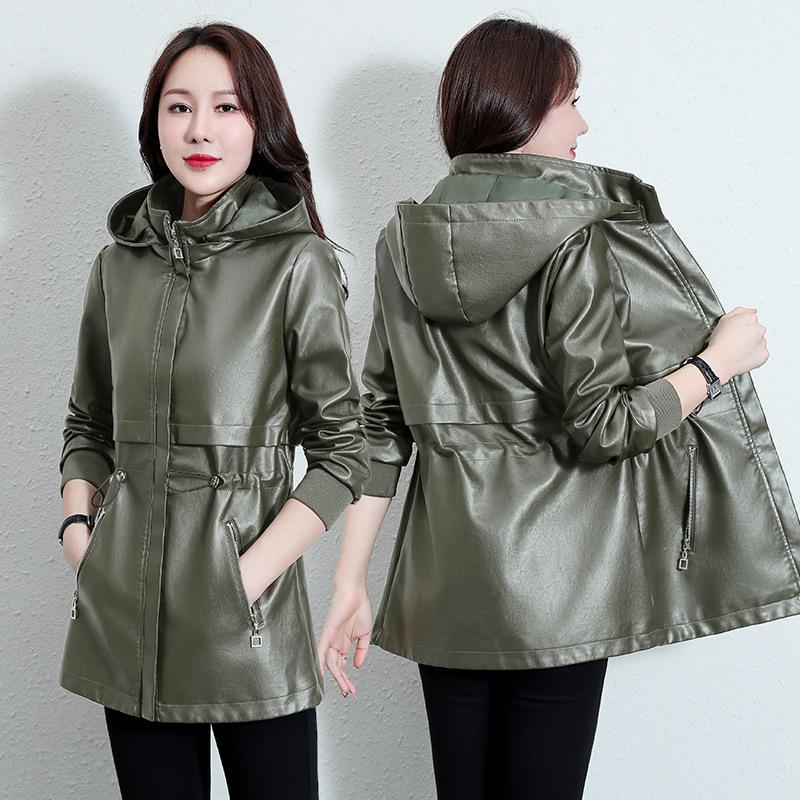 Damen-Lederjacke, mittellanger Mantel, lässige Lederjacke XXXXL armee grüne