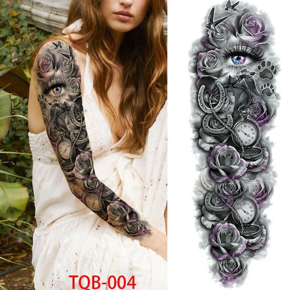 1 STÜCK 480*170 MM Temporäre Tattoo-Ärmel Für Männer Frauen Super Großer Kompass Wolfskopf Auge Gefälschte Löwengott Feder Tattoo Vollen Arm Tattoo Aufkleber TQB-004