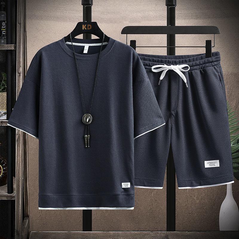Herren Sommer Sets mit Waffelmuster, lässiges T-Shirt + Shorts Set, männlicher Sportanzug, einfarbig, Trainingsanzug, lockere Anzüge XXXXXL dunkelgrau