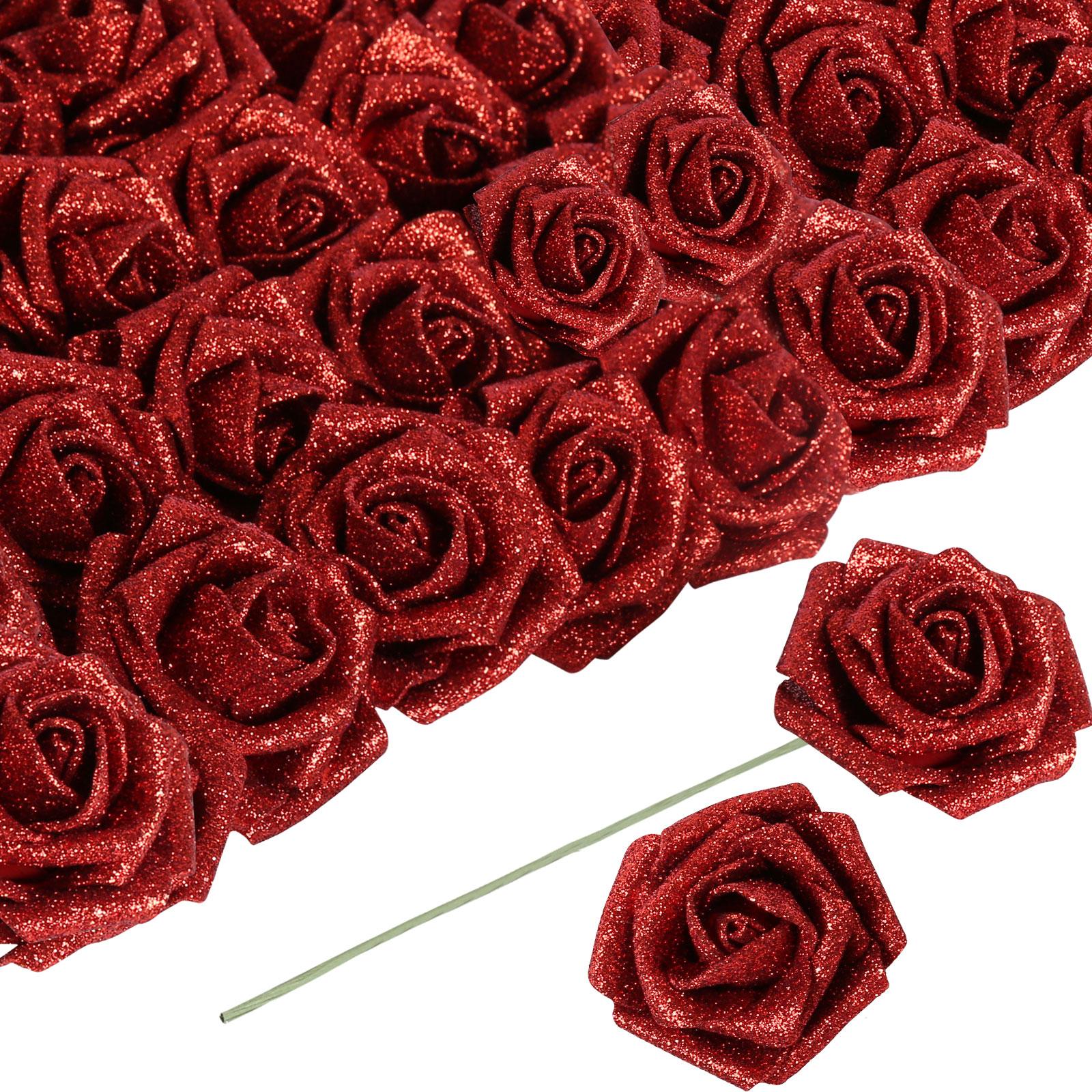 60 Stück Künstliche Blumen Goldene Rosen Künstliche Glitzerrosen Blumen 2,16 Zoll Schaumrosen Falsche Rosen mit Stiel für Hochzeitsfeier DIY Mittelstücke Dekoration 60 Pcs rot