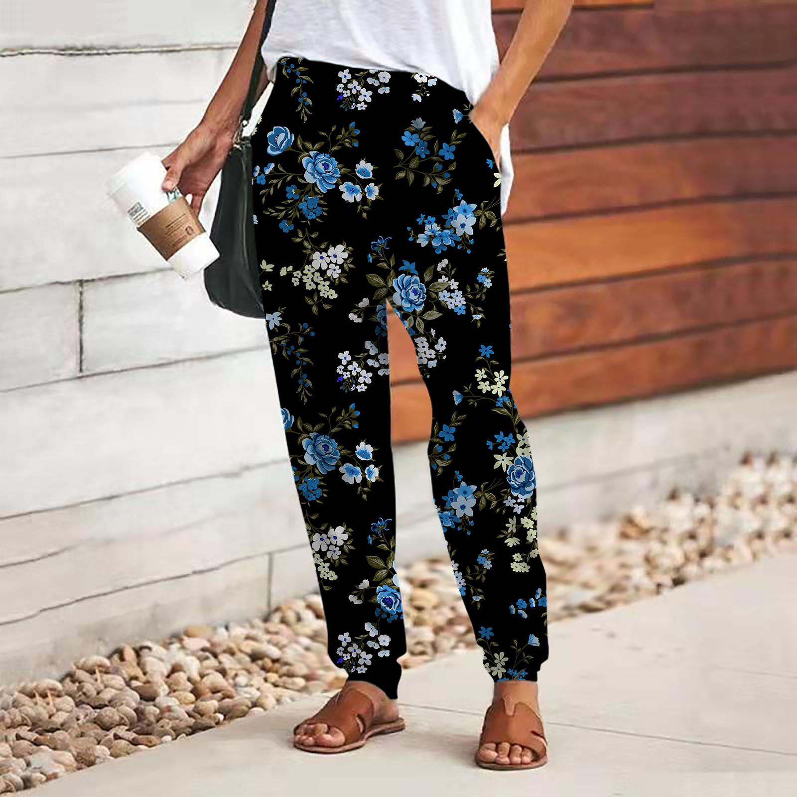 Damenhose mit 3D-Rosen-Print, Schnürung, elastischer Bund, lockere Hose, lässige lange Hose, Hose mit Taschen M schwarz