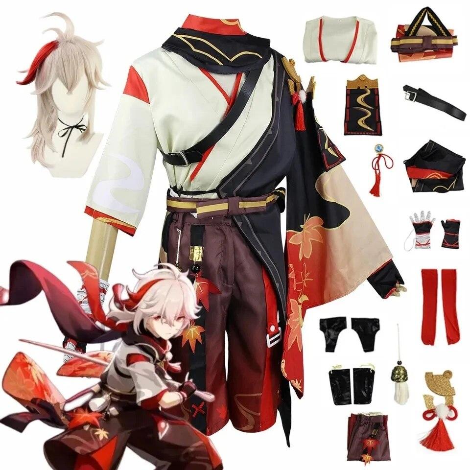 Kaedehara Kazuha Cosplay Kostüm Halloween Karneval Samurai Kostüm Perücke Rote Brille L-(Full set+wig)