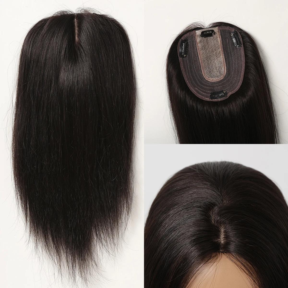 HAIRCUBE 12-Zoll-Echthaar-Topper für Damen, goldblond, Highlights, Haarteile für Frauen, Haarausfall, Seidenbasis, Clip-in-Topper, 150 % Dichte black