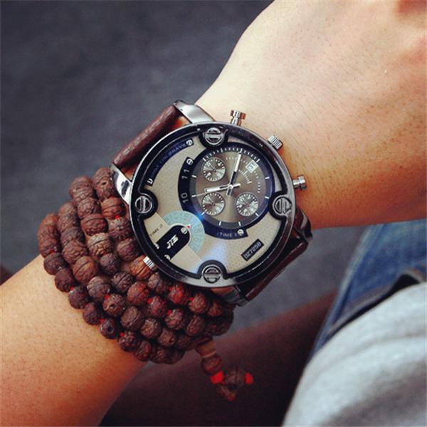 Retro Big Dial Man Watch Edelstahl Herren Mode Quarz Analog Datumsanzeige Armbanduhren braun