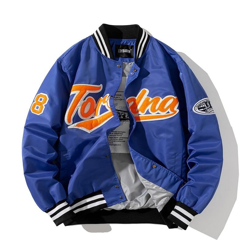 Hip Hop Baseball Jacke Männer Frauen Stickerei Jacke Brief Streetwear Jacke Mode Vintage Windjacke Paare Frühling Herbst M blau
