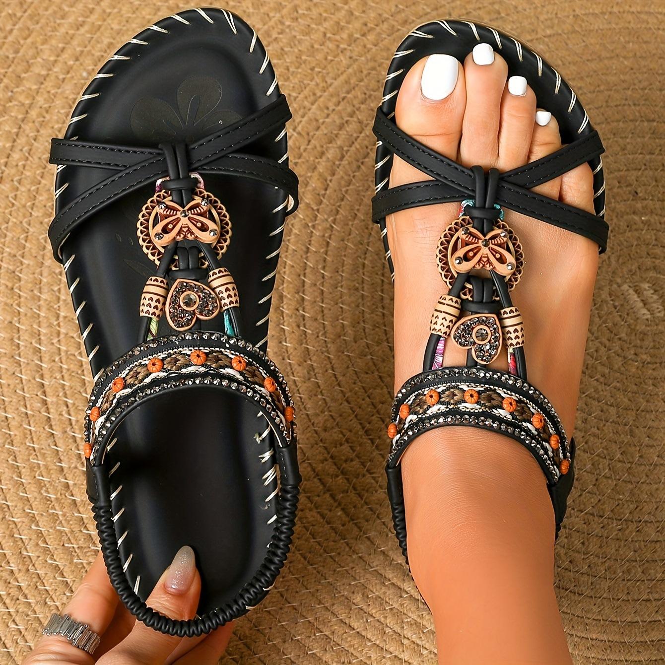 Damen Sandalen Bohemian Große Größe Blumen Strass Sandalen Offene Zehen Strandsandalen 42 schwarz