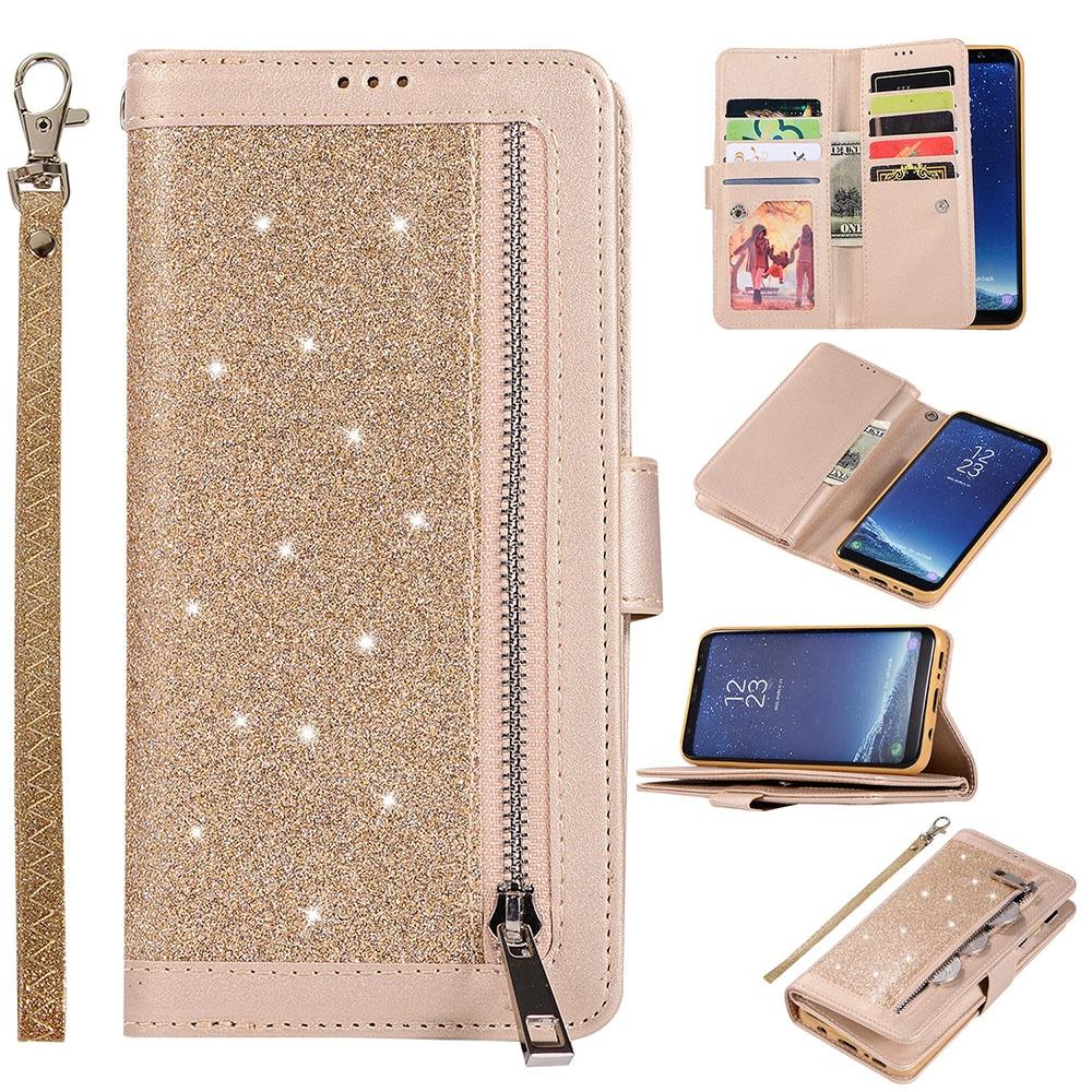 Luxus Reißverschluss Flip Ledertasche 9 Karten Glitzer Brieftasche Abdeckung für Samsung S21 Note20 A50 iPhone 11 12 Mini 12 Pro Huawei P40 Samsung S21 gold