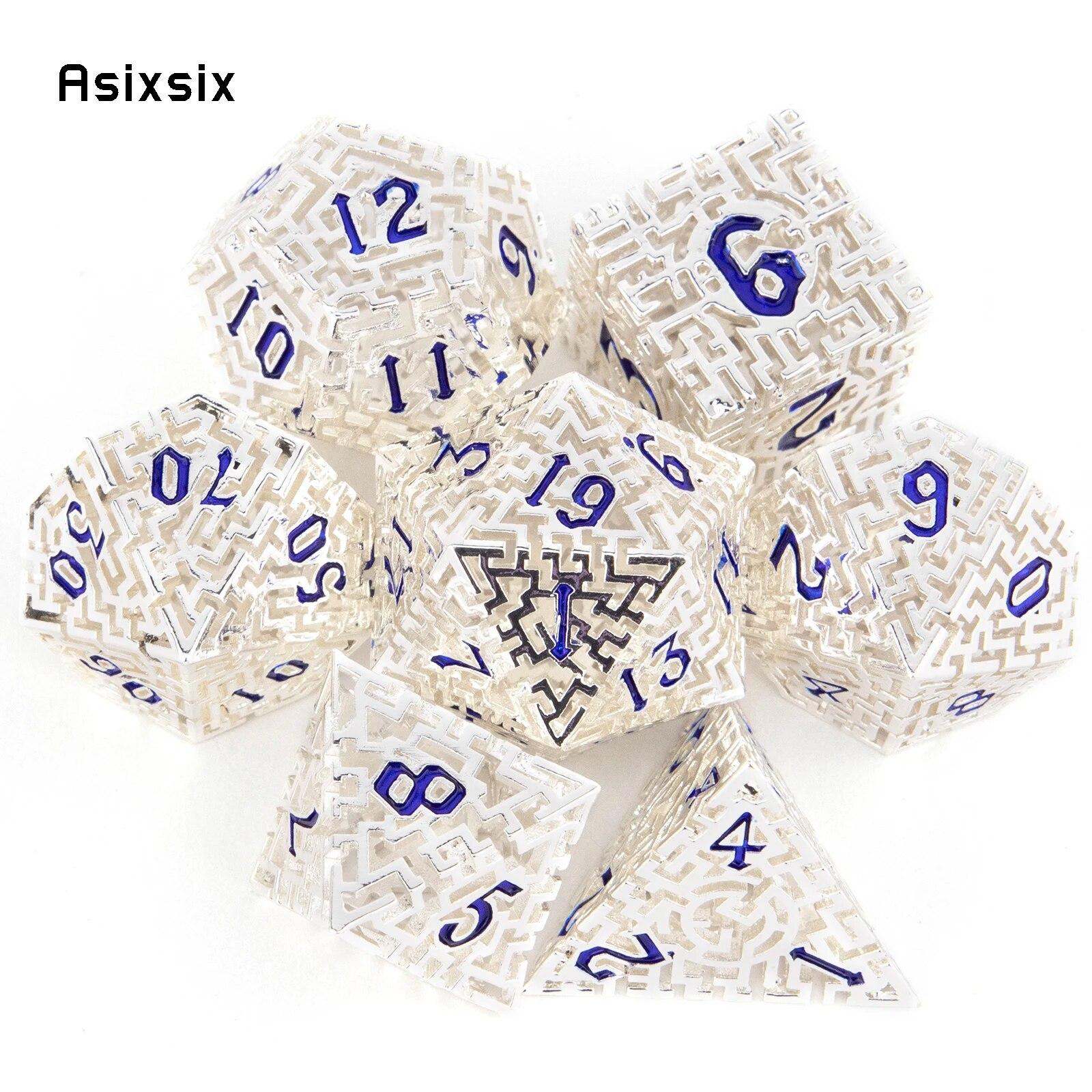 7 Stück weiß-blaues Metallwürfel-Labyrinth, hohles Metall-Polyeder-Würfel-Set, geeignet für Rollenspiele, RPG-Brettspiele, Kartenspiele bunt
