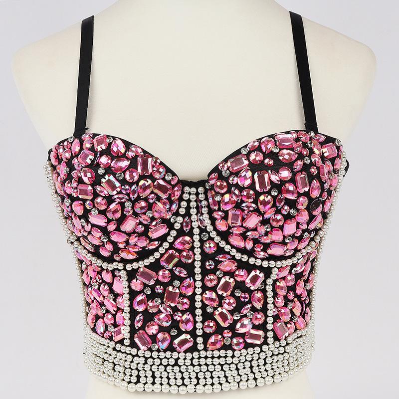Damen Strass Perlen Korsett Bustier Top Party Glitzer Korsett Top BH Tank Top 34B rosa