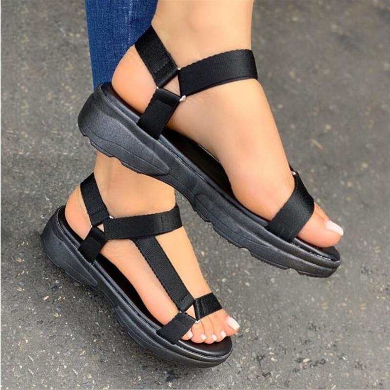 Mode Plus Größe Frauen Schuhe 2022 Sommer Neue Damen Mode Sandalen Regenbogen Farbe Klett Flache Damen Sandalen 36 schwarz