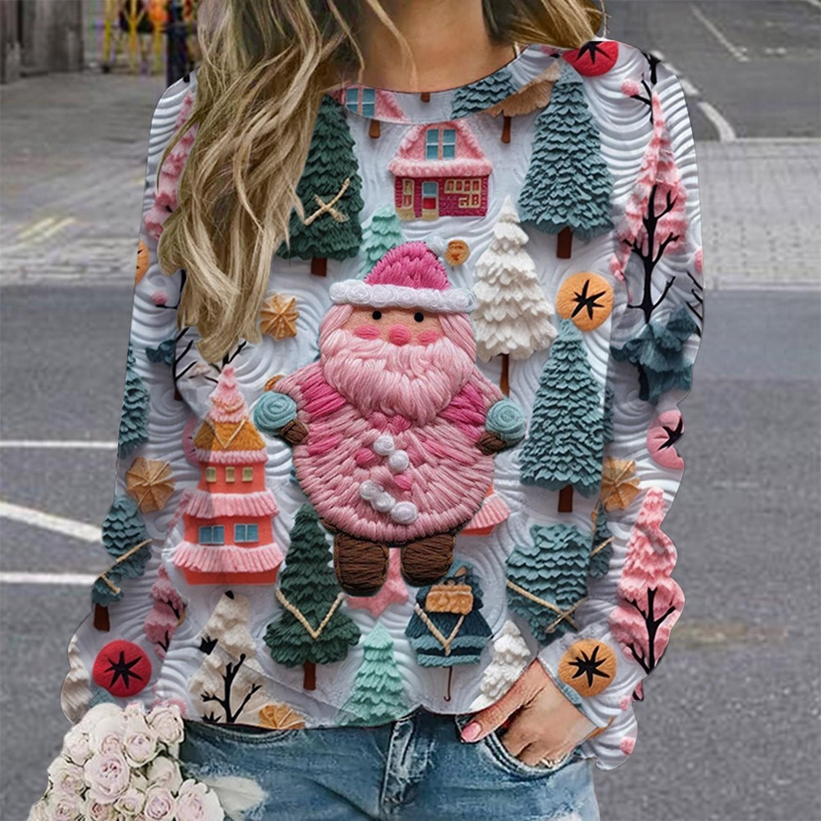 Hässliche Weihnachts-Sweatshirts für Frauen, süßes, grafisch bedrucktes Sweatshirt, langärmelig, Rundhalsausschnitt, Pullover, Tops, T-Shirt, Damenkleidung L