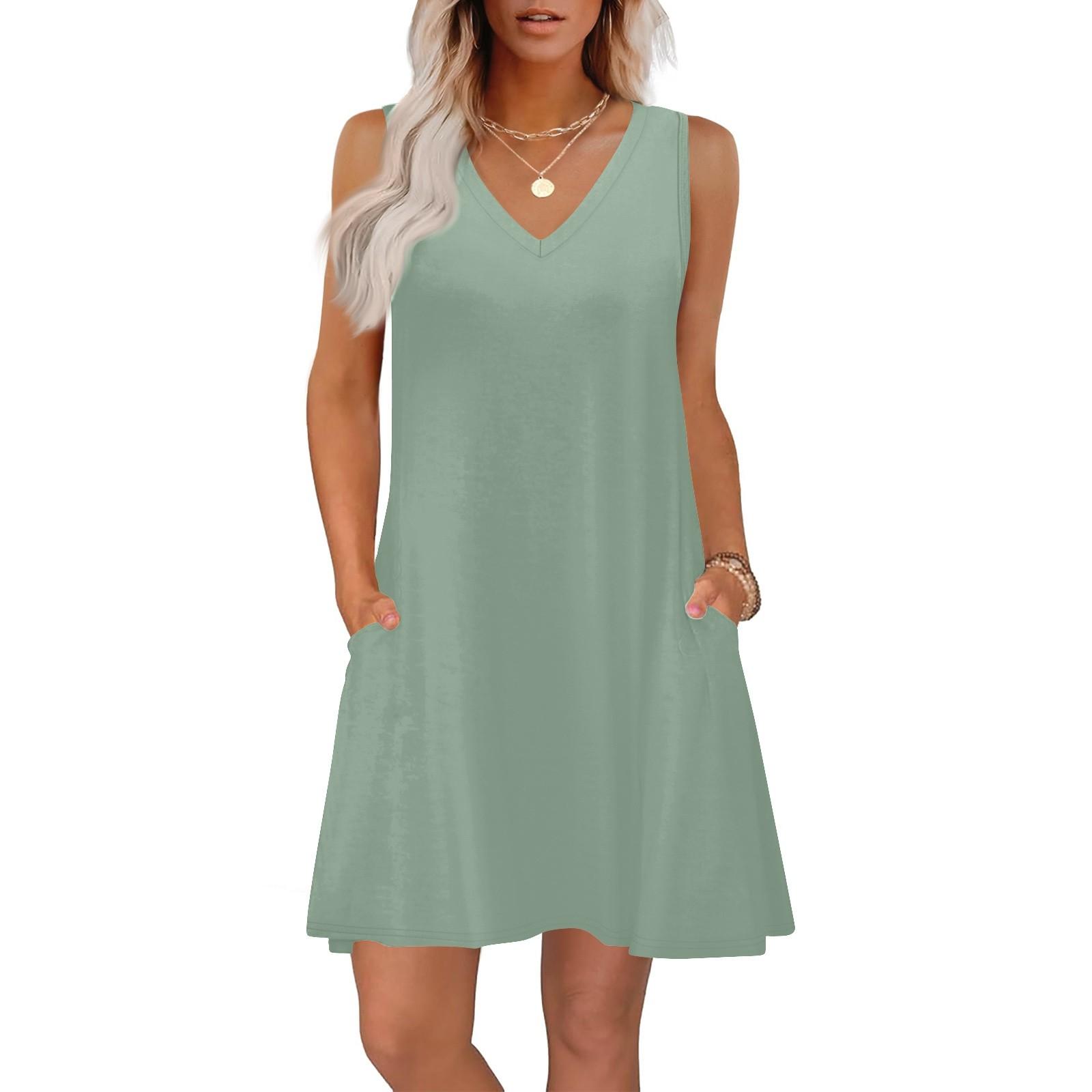 Sommerkleider für Damen, lockere Passform, einfarbig, V-Ausschnitt, ärmellos, Sommerkleider, Strand, Hawaiikleid mit Taschen XXL gray