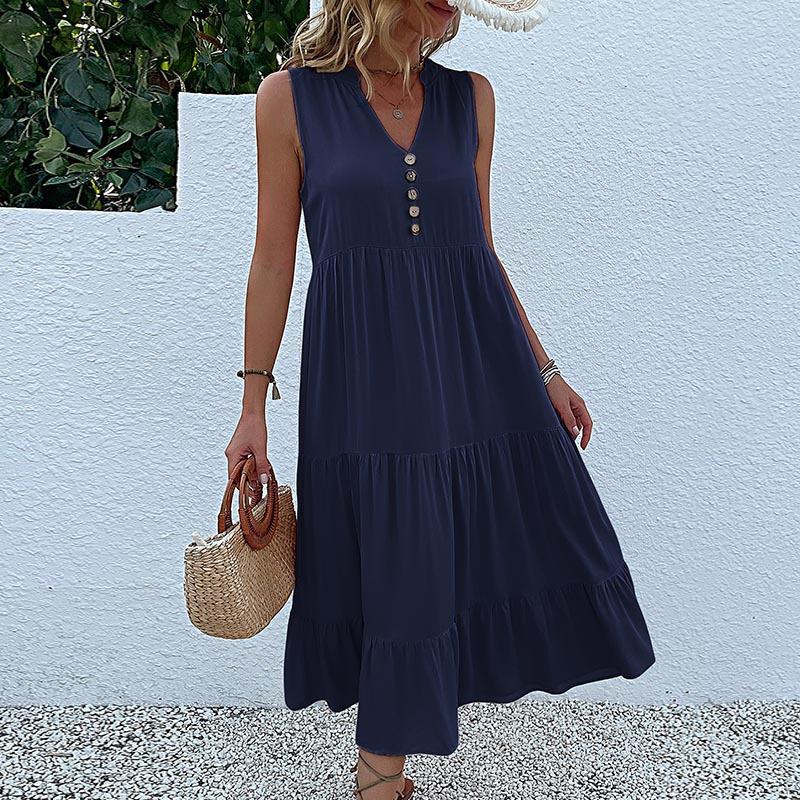 Sommer Damen Tank Top Kleid Ärmellos Plissee Kleider Lose V-Ausschnitt Midi Kleider XL navy blau