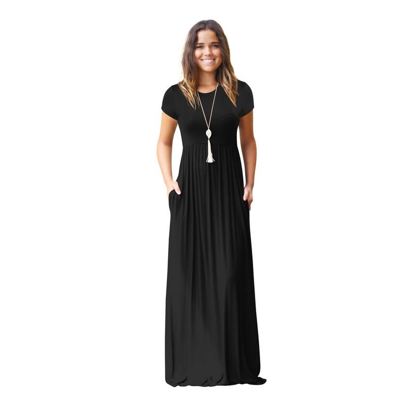 Sommer Kurzarm Maxi Kleid Frauen Solide Boho Strand Kleid Damen Abend Party Langes Kleid Sommerkleid M