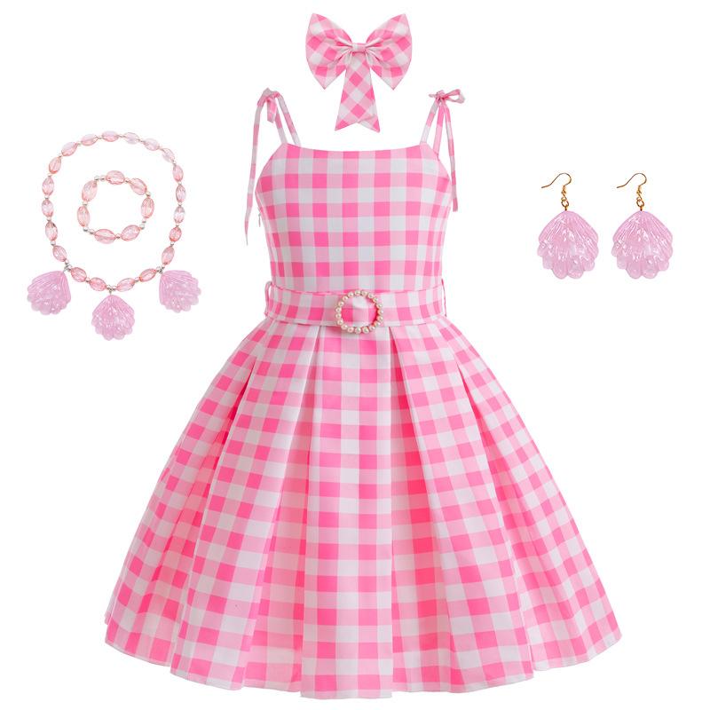Kinder Cosplay Film Kleidung Prinzessin Kleid Mädchen Hosenträger Plaid Taille Mode Rosa Lange Kleider mit Schleife Haar Zubehör 4T