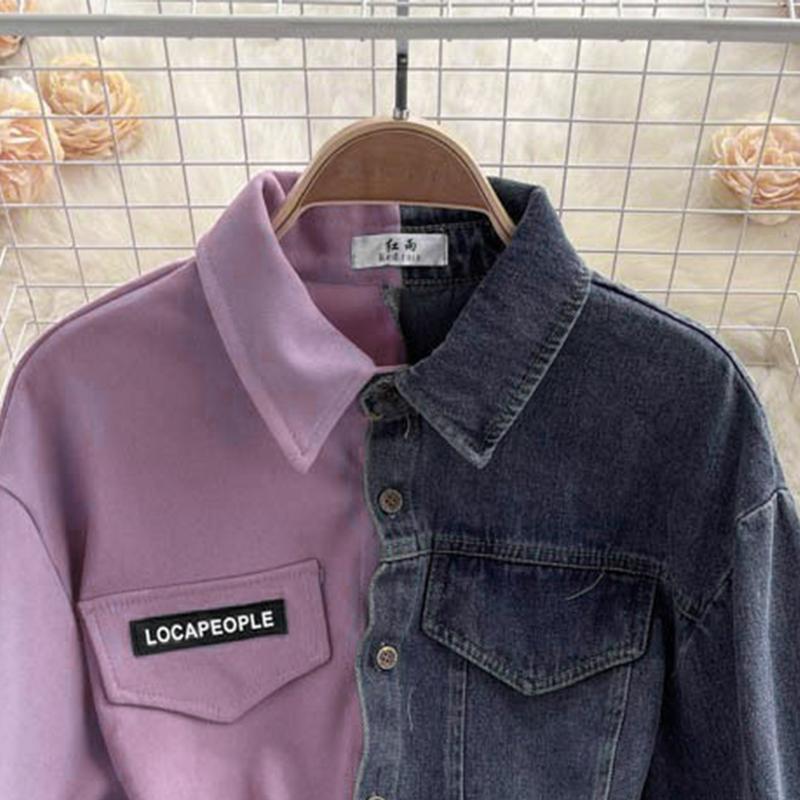 Herbst-Damen-Denim-Splicing-Revers-Hemd, tailliertes, unregelmäßiges mittellanges Hemd One Size violett