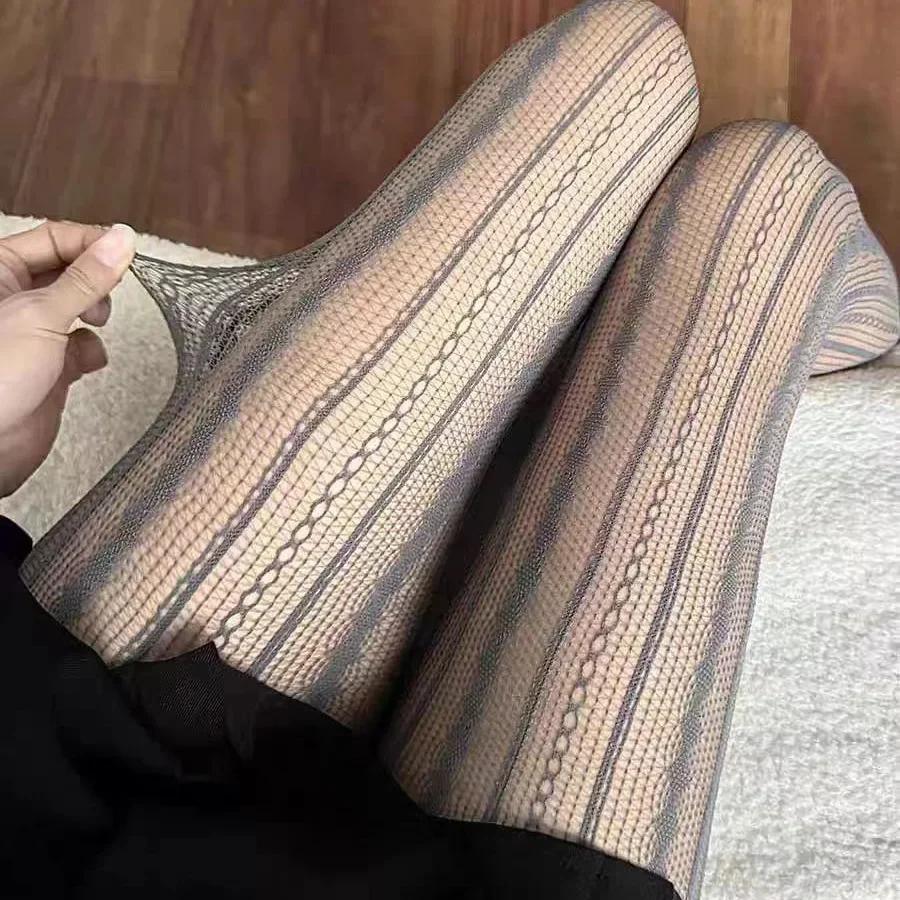 Sexy Streifen und Spitze Fischgrätstrümpfe Damen Weißweinrot Grau Schwarz Strumpfhosen Dünn Y2K Strumpfhosen Socken Party Club Strumpfhosen 40-70KG
