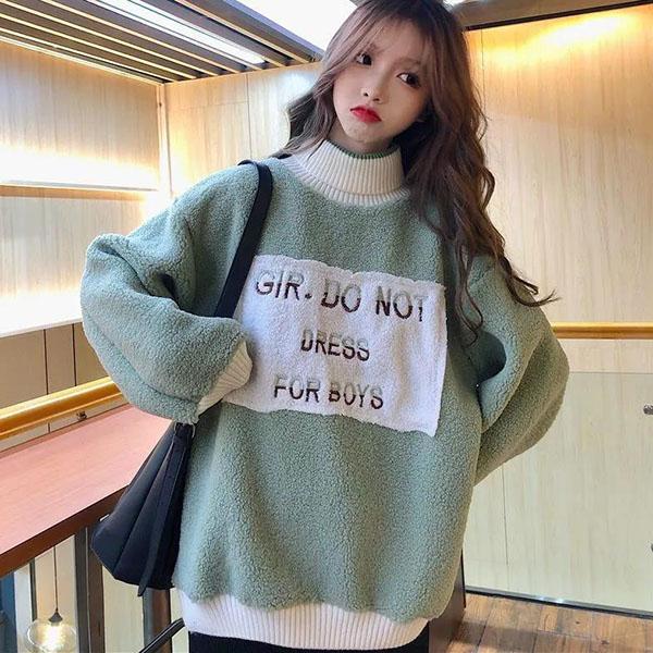 Damen Herbst und Winter Lammwolle Pullover Große Größe Locker Verdickter Stehkragen Pullover Lässige Langarm Warme Jacken S grün