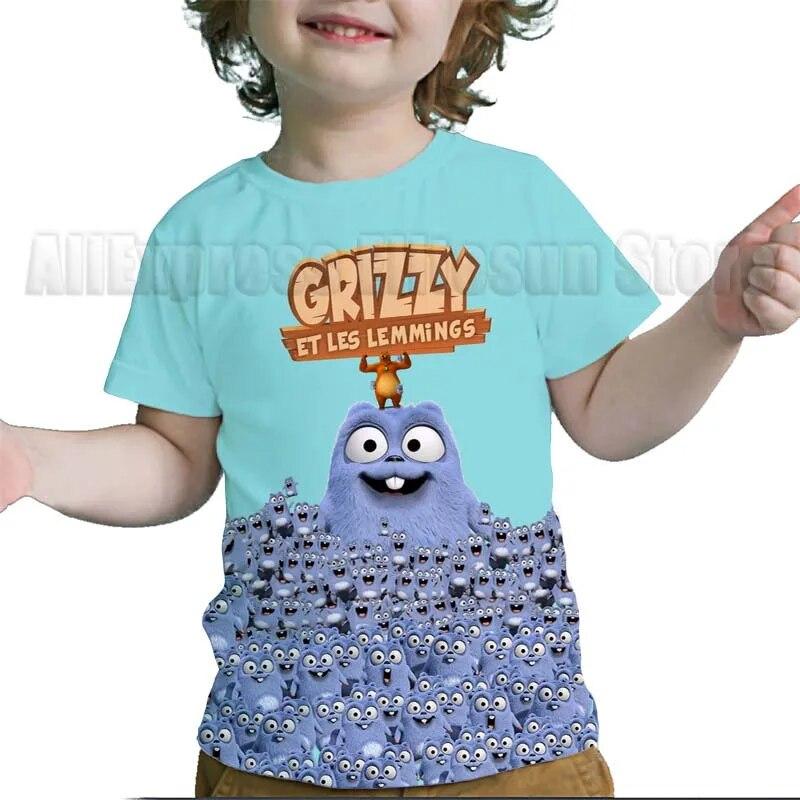 Kinder Grizzy und die Lemminge 3D-Druck T-Shirts Kinder Cartoon T-Shirts Kleinkind Jungen Mädchen Anime T-Shirts Streetwear T-Shirts 140 blue